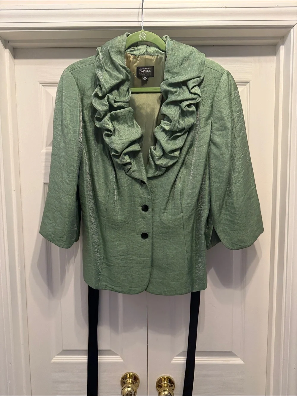 Adrianna Papell Sage Green Ruffle Collar Blazer with Satin Waist Tie